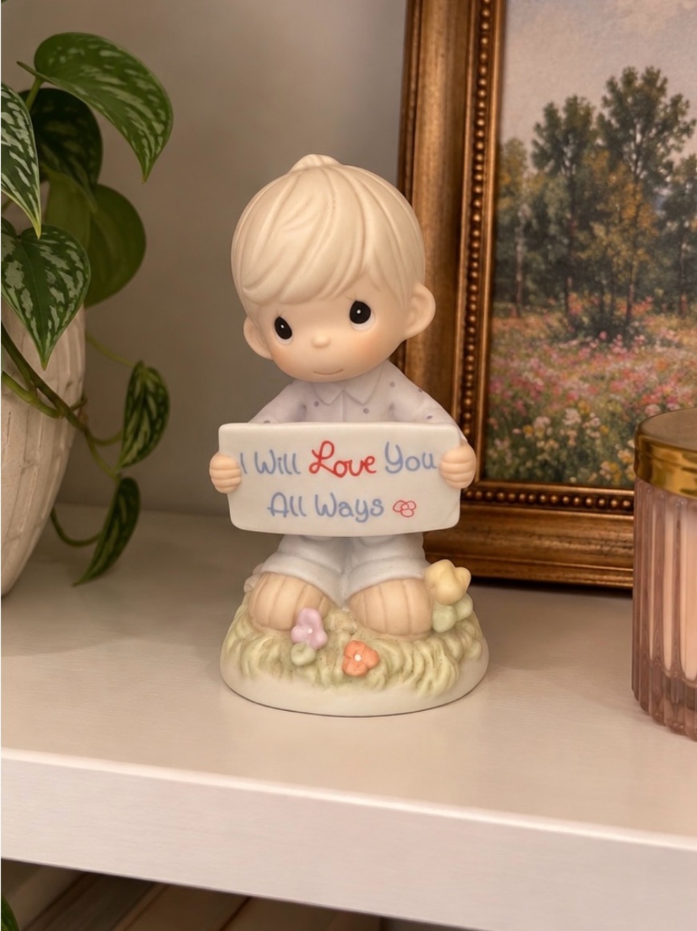 Precious Moments Cream Boy Figurine Holding 'I Will Love You All Ways' Sign